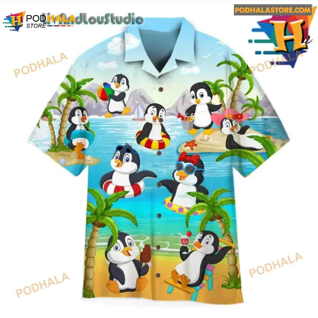 Cartoon Penguins Beach Hawaiian Shirt, Fun Summer Aloha Style