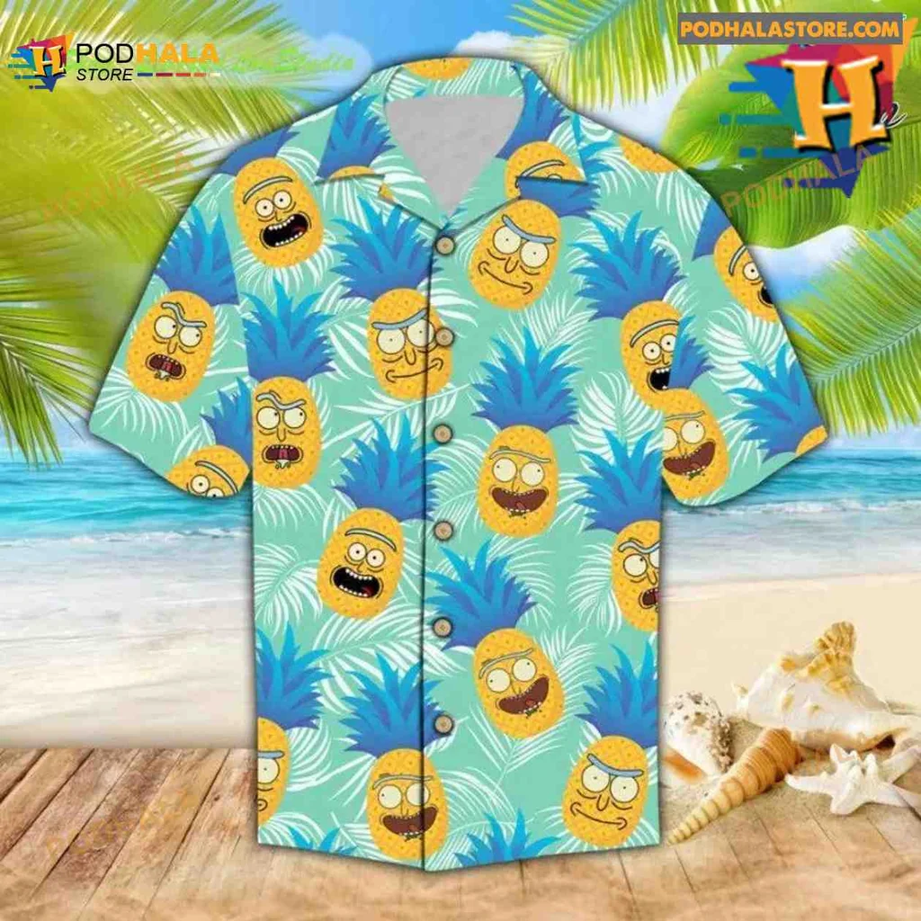 Cartoon Pineapple Tropical Hawaiian Shirt With Fun Expressions And Palm Leaves