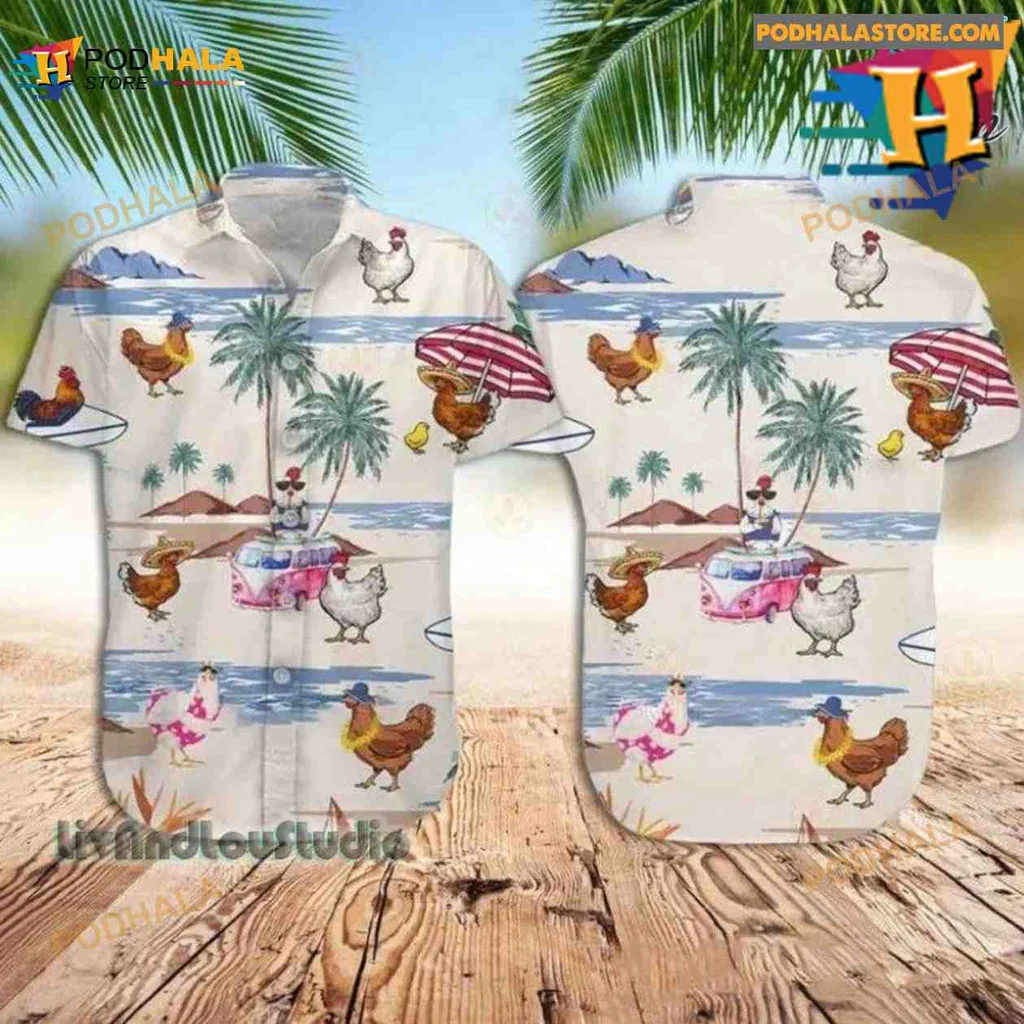 Cartoon Rooster Hawaiian Shirt With Tropical Beach Design
