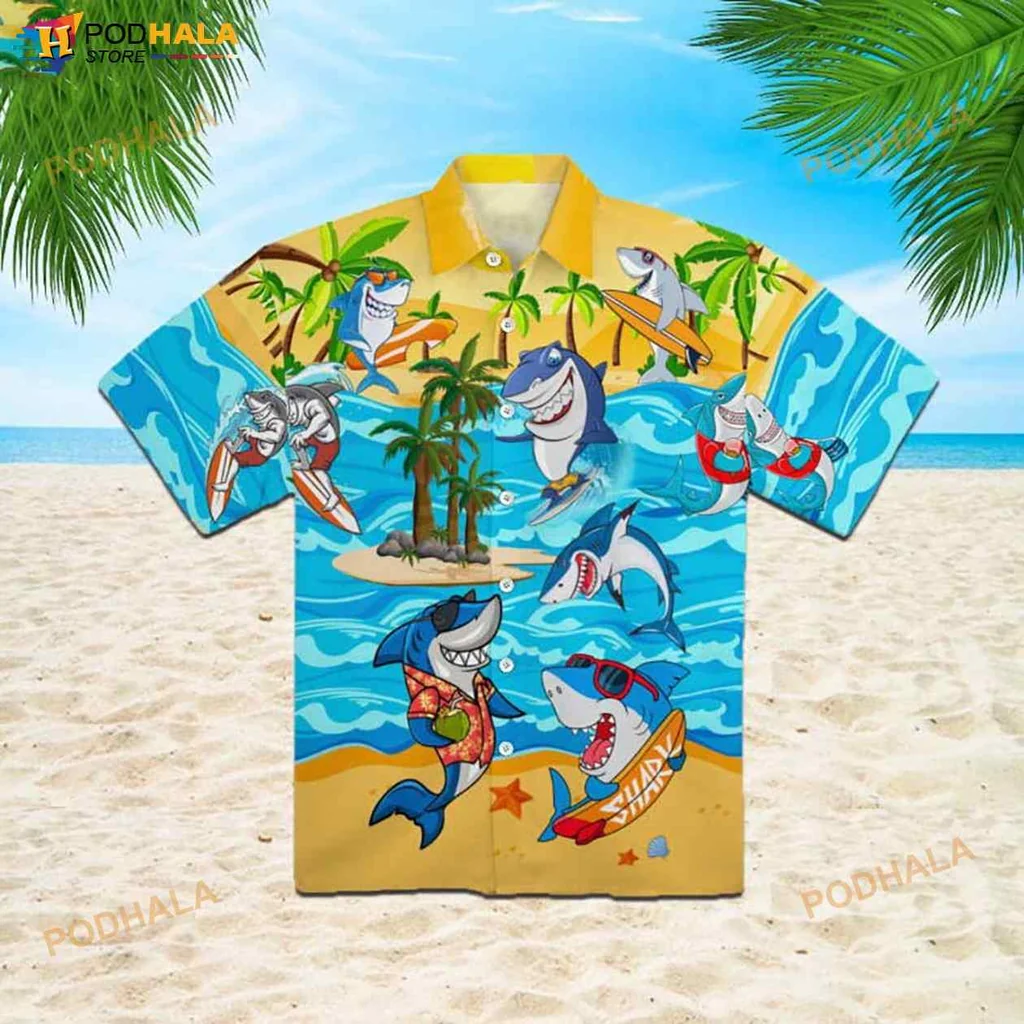 Cartoon Shark Summer Hawaiian Shirt, Fun And Playful Beach Design