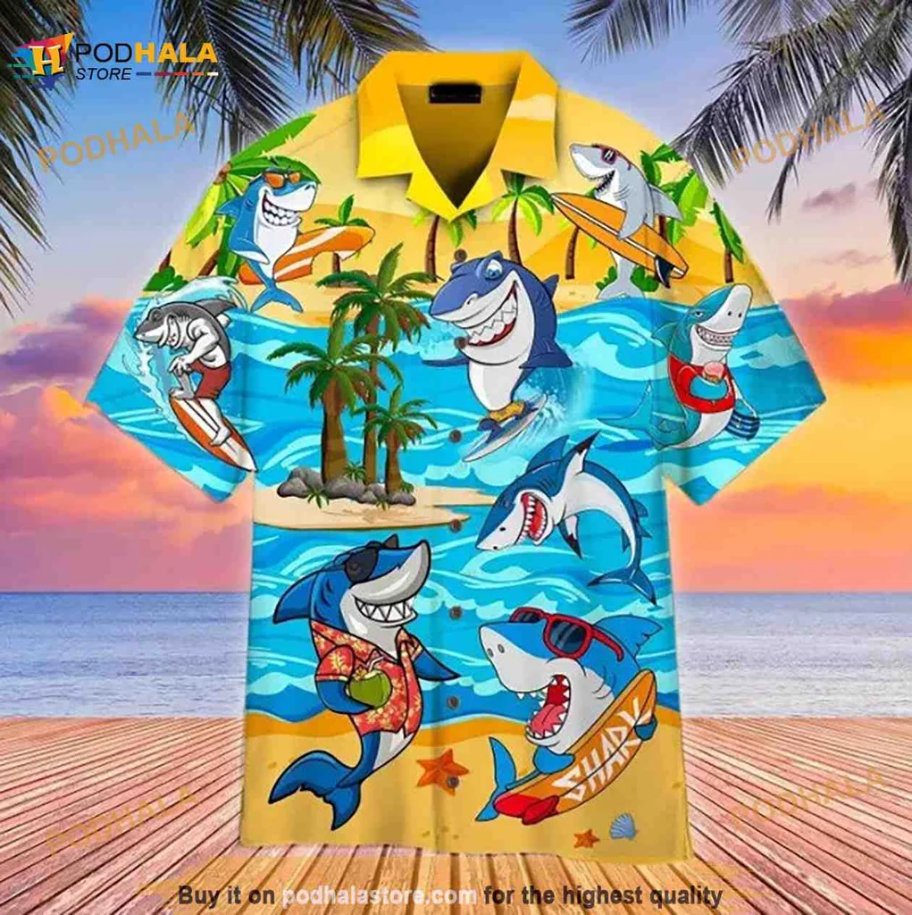 Cartoon Shark Tropical Hawaiian Shirt With Fun Beach Design