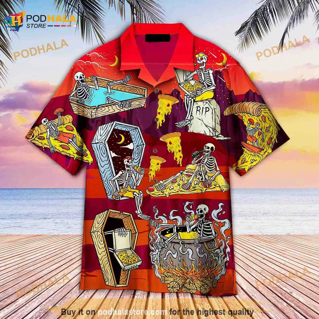 Cartoon Skeleton Pizza Aloha Shirt With Whimsical Design For Fun Lovers