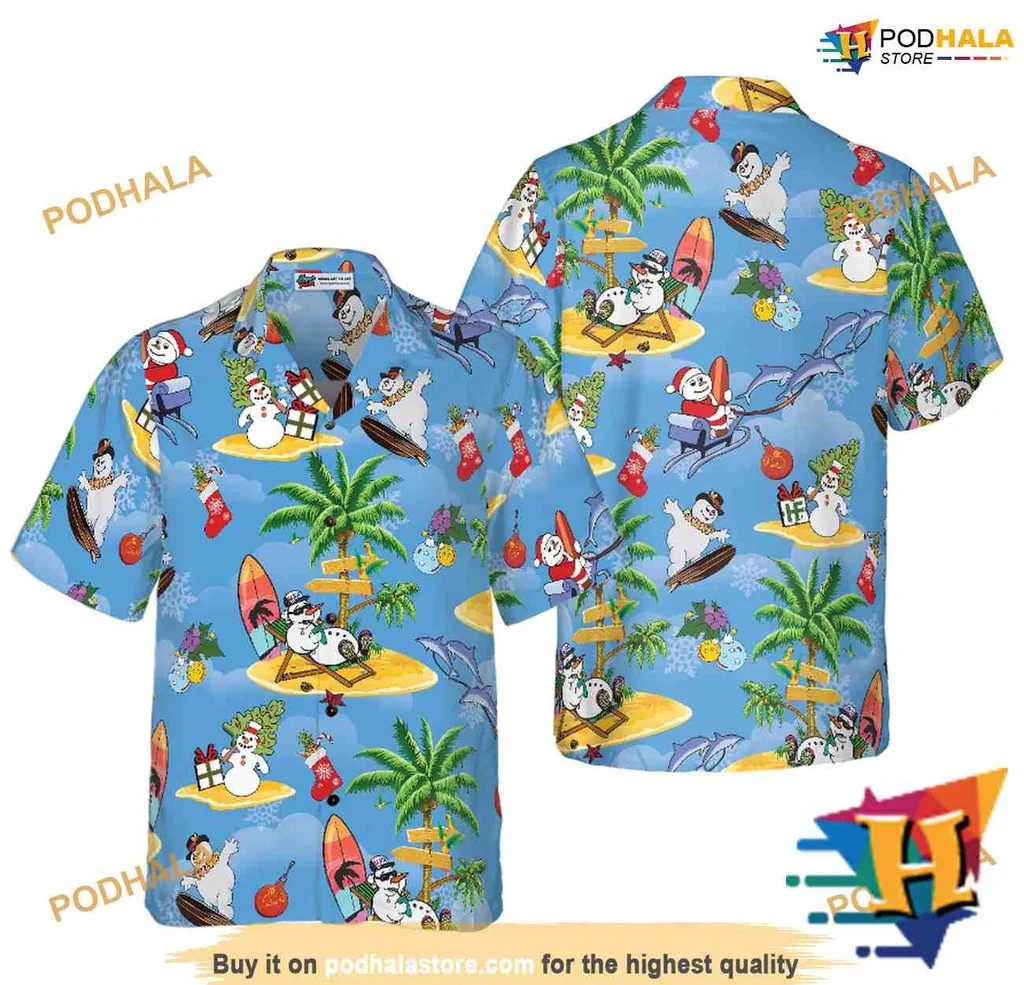 Cartoon Snowmen Hawaiian Shirt, Funny Christmas Design With Surfing Snowmen