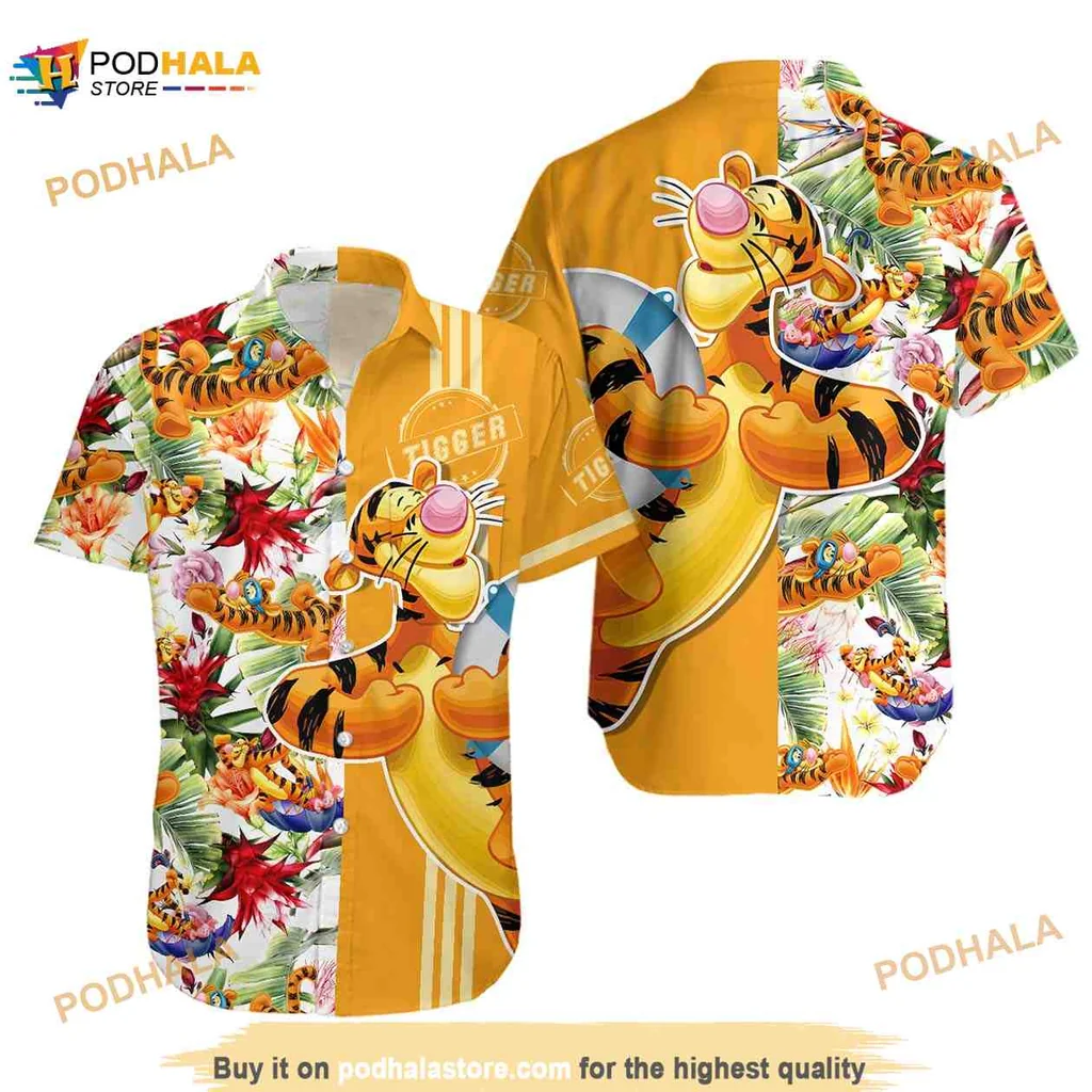 Cartoon Tiger Floral Hawaiian Shirt, Tropical Beach Pattern Design
