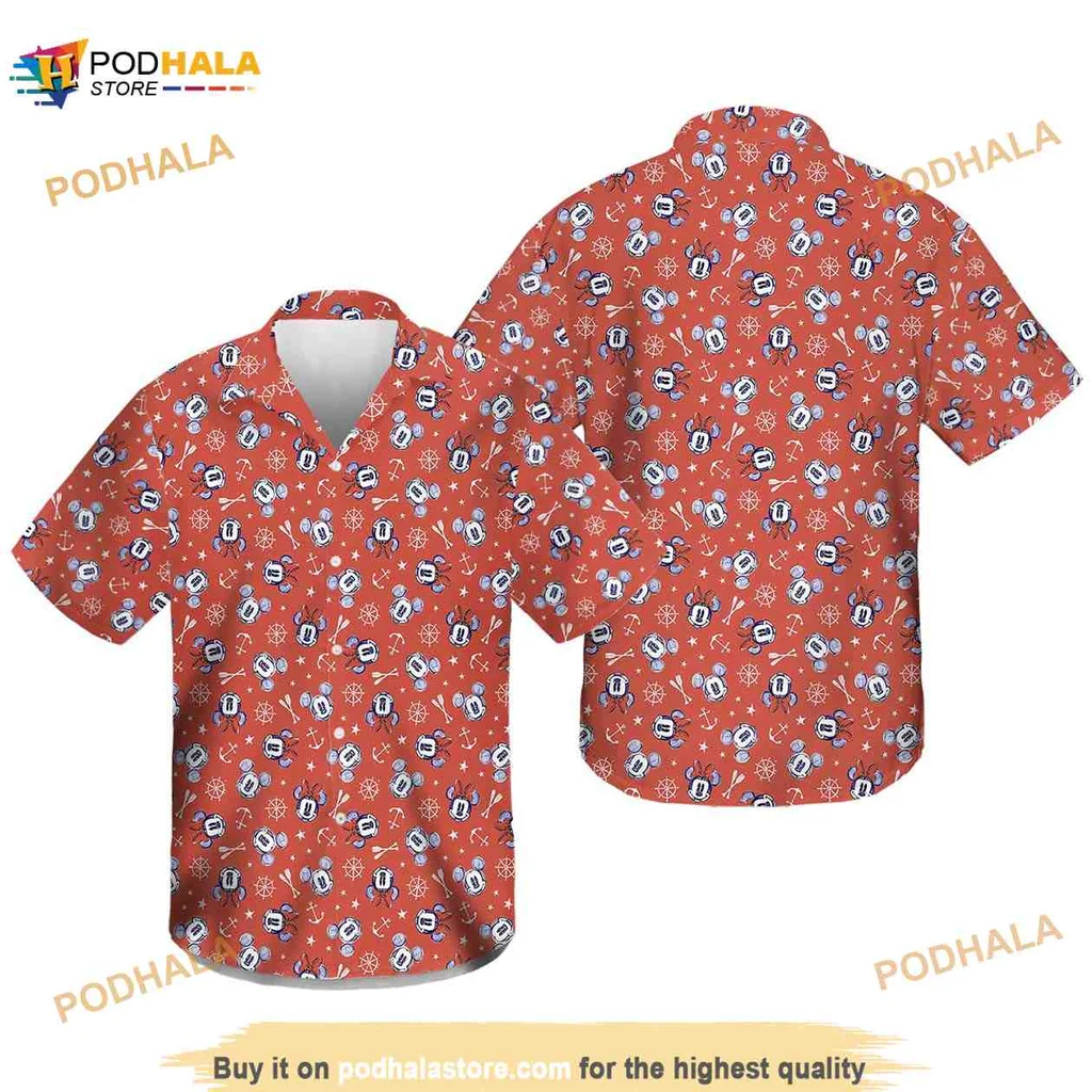 Cartoon Tropical Hawaiian Shirt, Vibrant Orange Print With Palm Trees And Surfboards