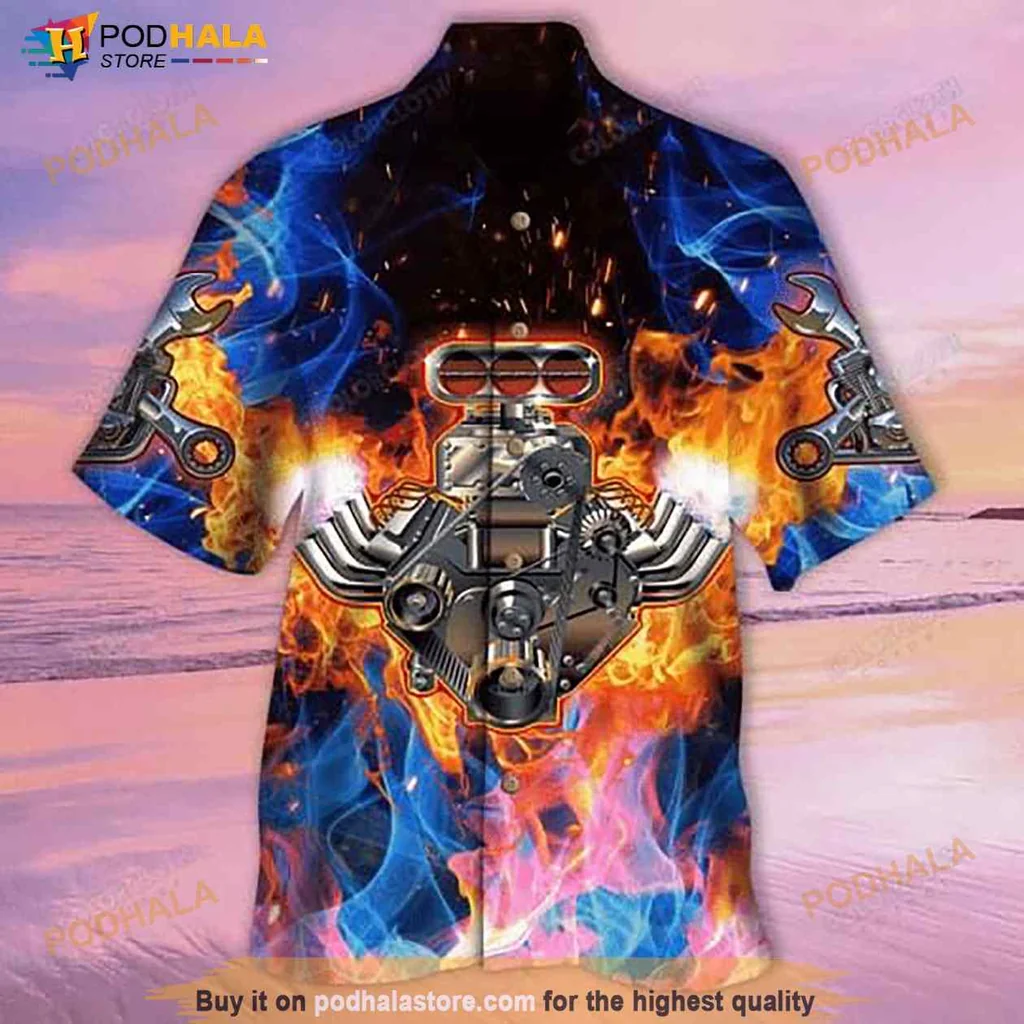 Cartoon Turbo Engine Hawaiian Shirt With Vibrant Flames And Colors