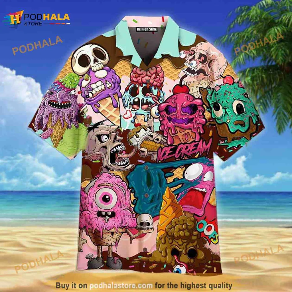 Cartoon Zombie Ice Cream Hawaiian Shirt With Fun And Whimsical Design Cartoon Zombie Ice Cream Hawaiian Shirt With Fun And Whimsical Design
