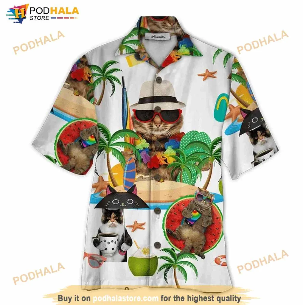 Cat Beach Tropical Hawaiian Shirt With Playful Summer Design