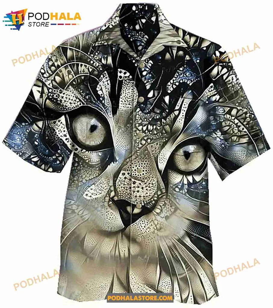 Cat Face Tropical Hawaiian Shirt With Abstract Patterns And Textures