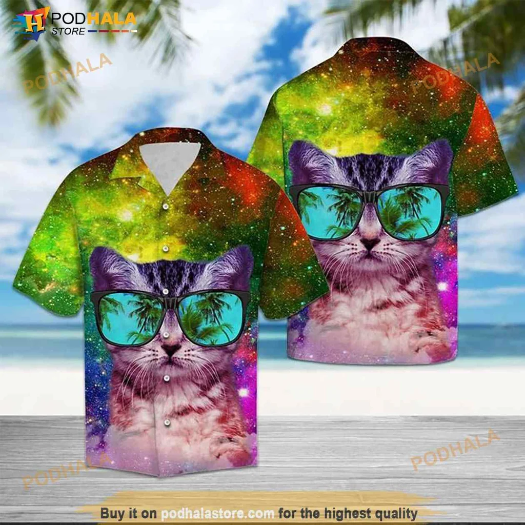 Cat Galaxy Hawaiian Shirt With Playful Cosmic Design And Palm Trees