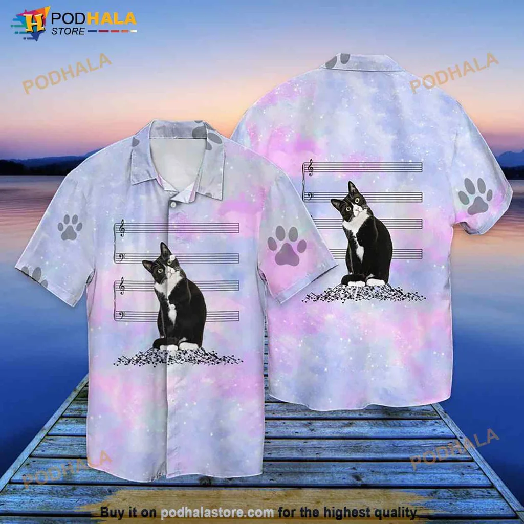 Cat Music Hawaiian Shirt With Playful Cat And Musical Notes Design