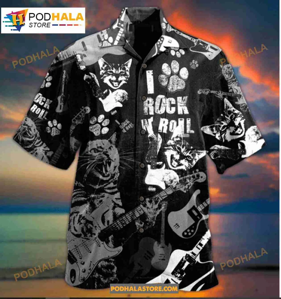 Cat Rock N Roll Hawaiian Shirt Featuring Playful Cat And Guitar Design