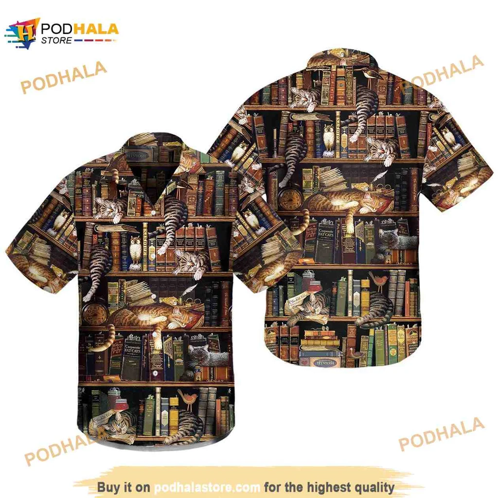 Cats And Books Hawaiian Shirt Featuring Cozy Library Scene