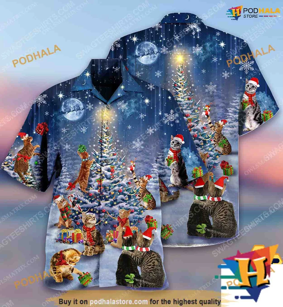 Cats Christmas Hawaiian Shirt With Santa Hats And Christmas Tree Design