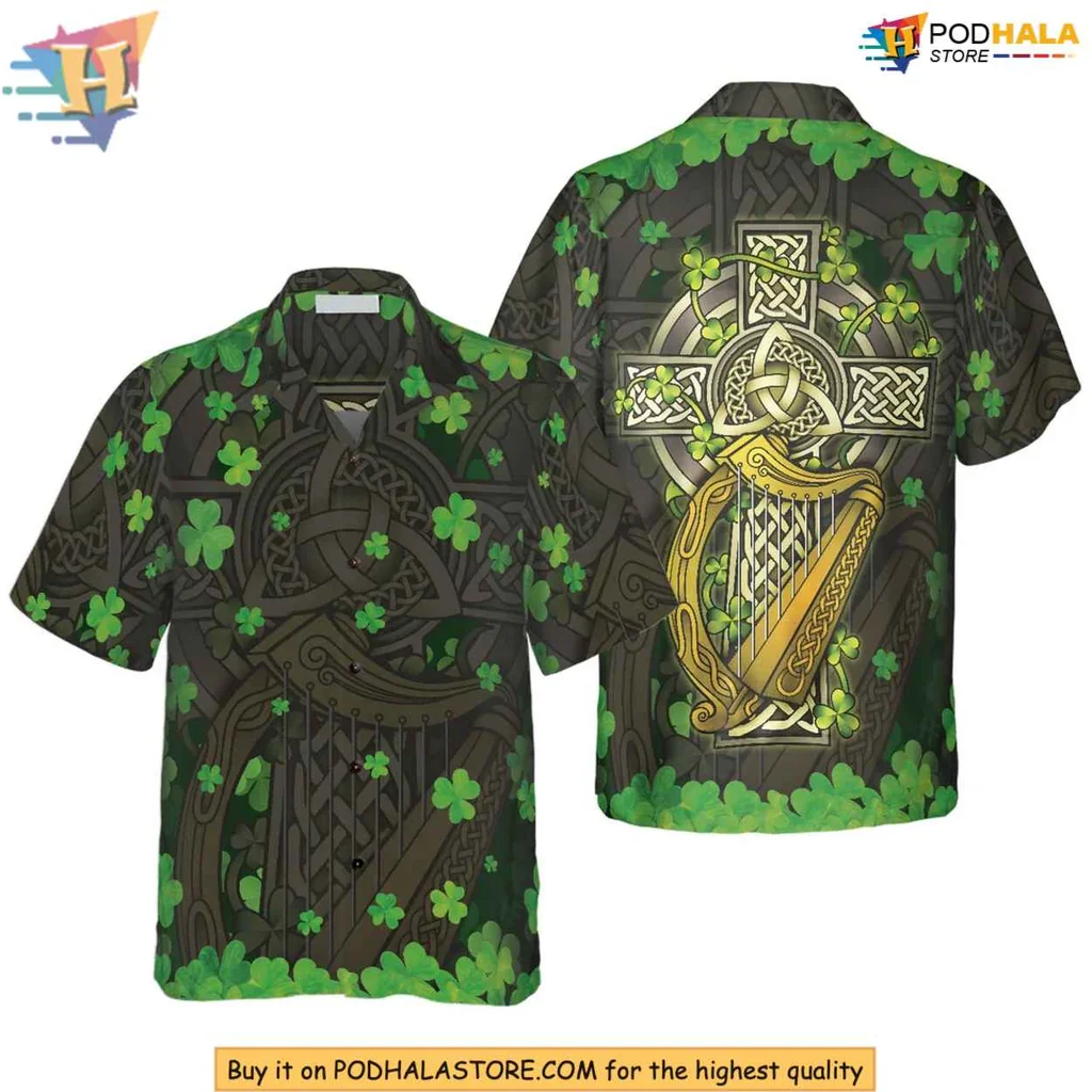 Celtic Cross Shamrock Hawaiian Shirt, Irish Pride Aloha Shirt