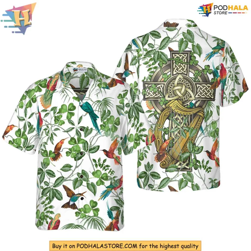 Celtic Knot Tropical Hawaiian Shirt With Vibrant Green Leaves And Birds