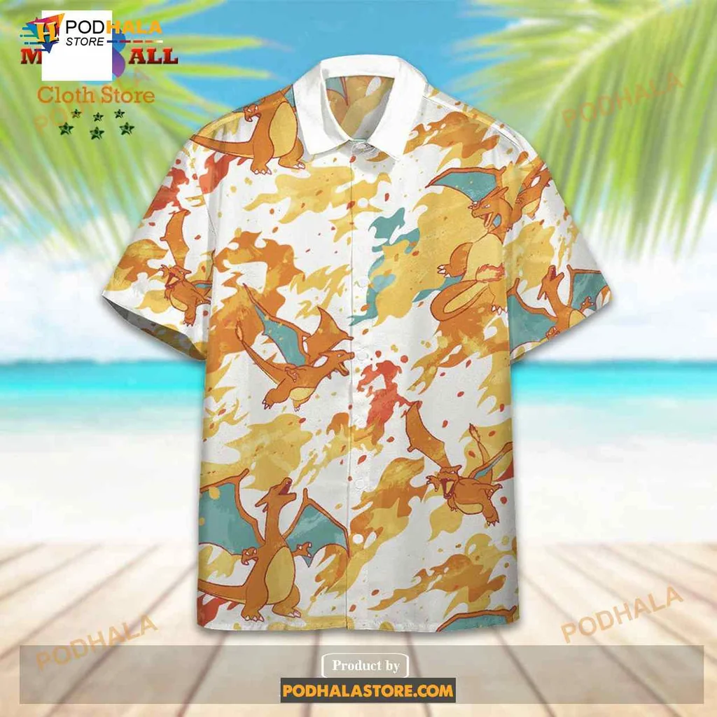 Charizard Aloha Hawaiian Shirt With Vibrant Flames And Cartoon Style