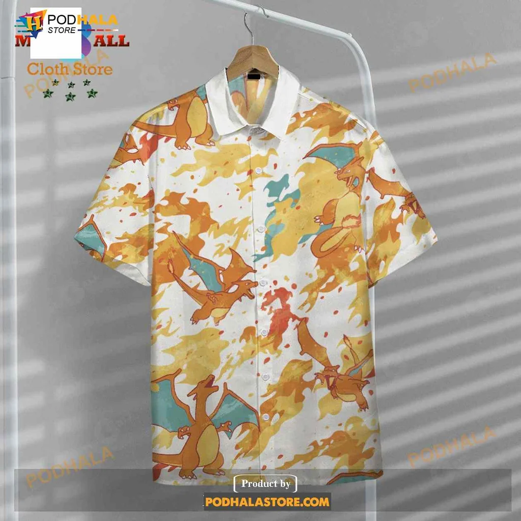Charizard Aloha Tropical Shirt With Vibrant Flames And Cartoon Style Charizard Aloha Tropical Shirt With Vibrant Flames And Cartoon Style