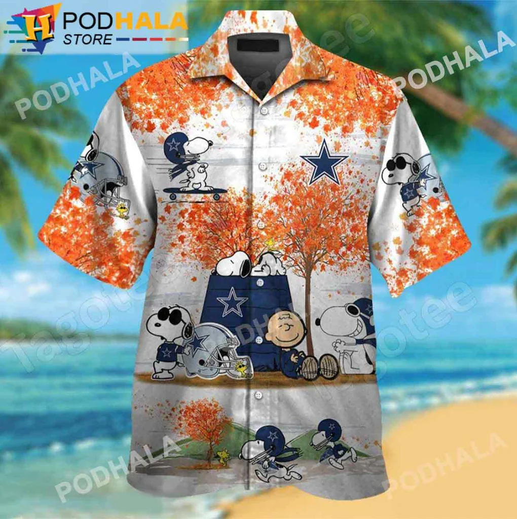 Charlie Brown Snoopy Cowboy Aloha Shirt, Autumn Leaves Dallas Cowboys Design
