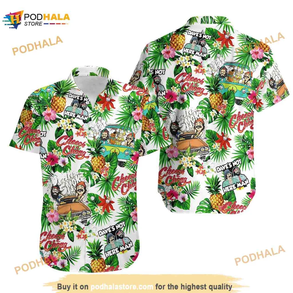 Cheech And Chong Tropical Aloha Shirt With Retro Van And Palm Leaves