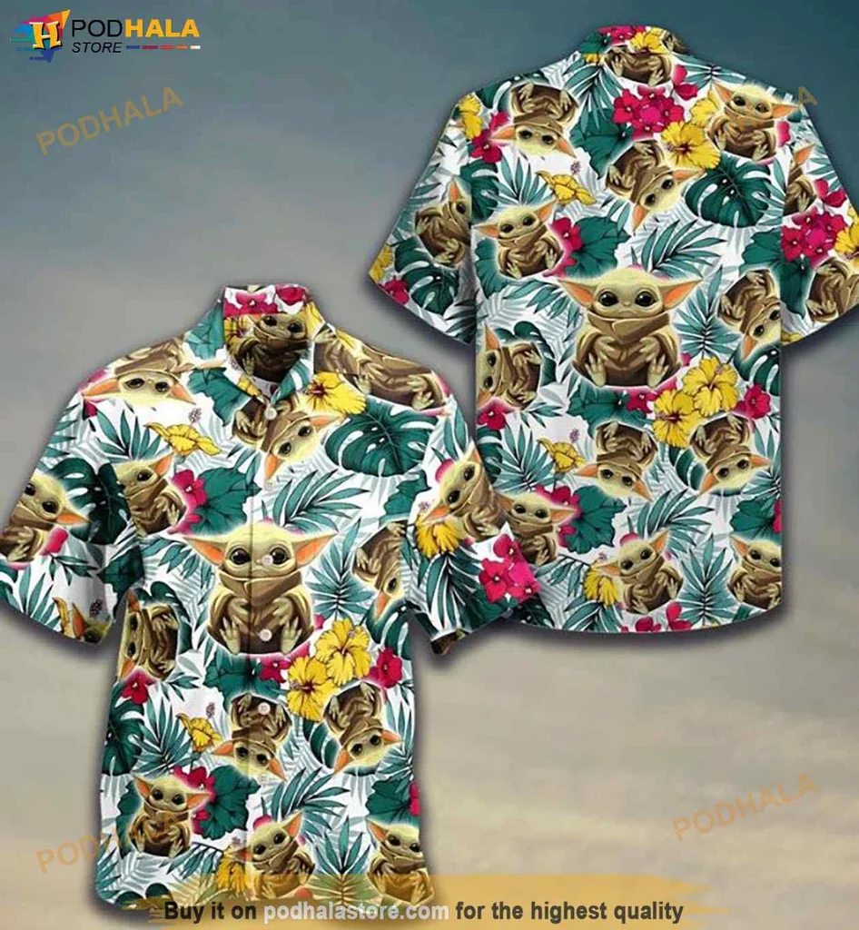 Cheerful Baby Yoda Aloha Shirt, Fun Tropical Design For Star Wars Fans