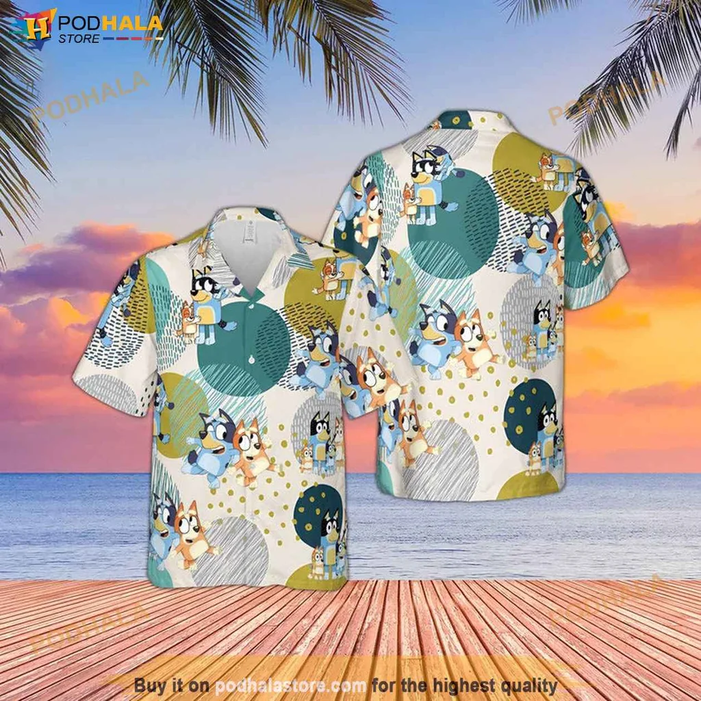 Cheerful Bluey Bingo Hawaiian Shirt, Vibrant Tropical Design For Kids And Families