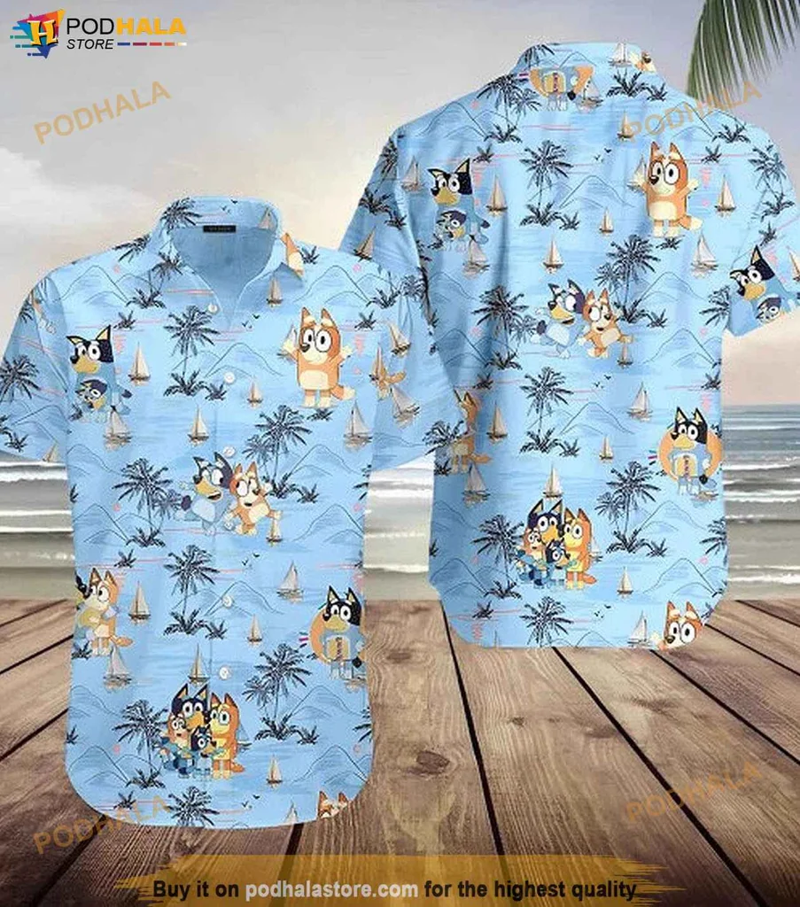 Cheerful Bluey Dog Aloha Shirt, Fun Bluey Dad Shirt For Fathers Day Gift