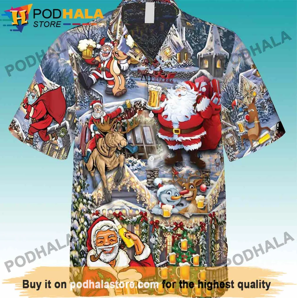 Cheerful Santa Claus Hawaiian Shirt, Festive Reindeer And Beer Design For Christmas