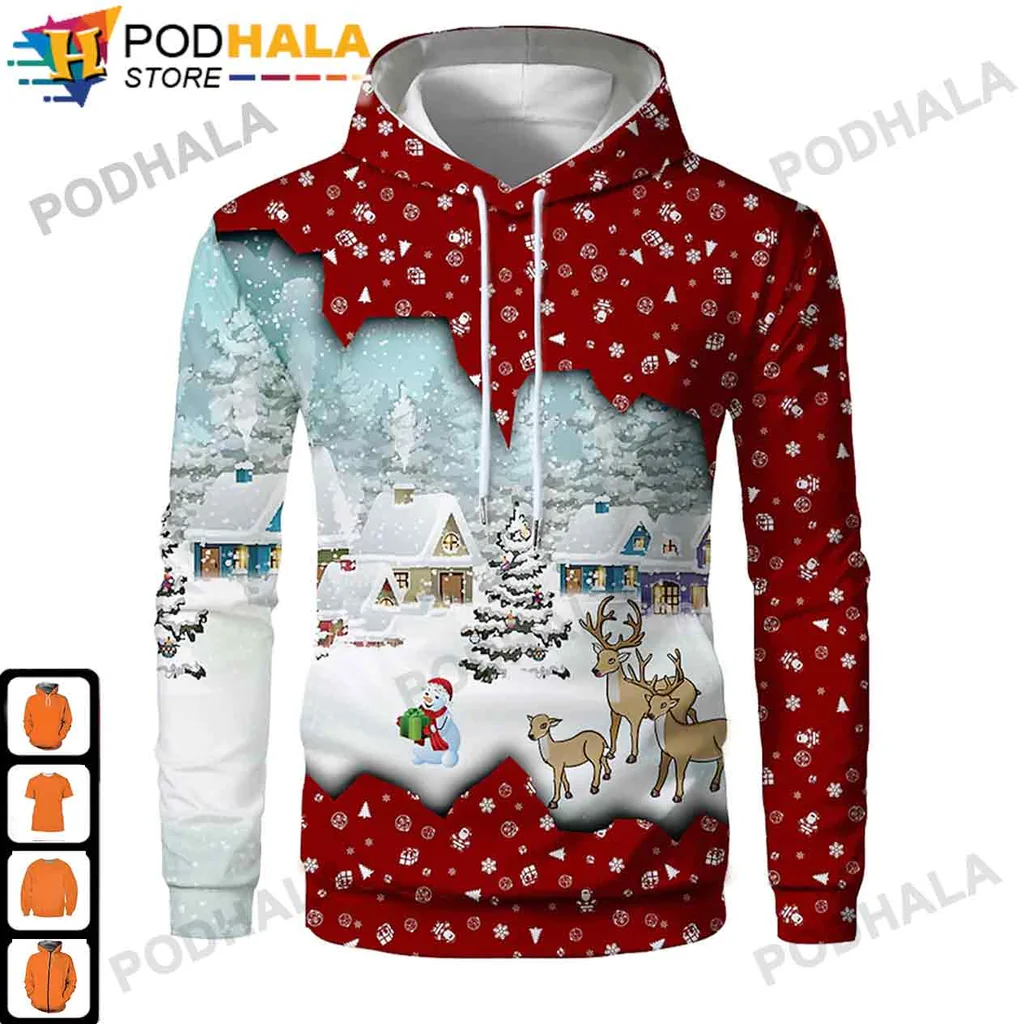 Cheerful Snowman Reindeer Hoodie With Cozy Winter Scene