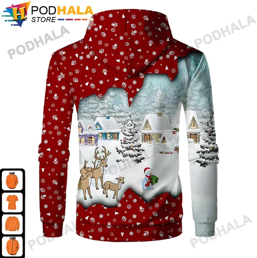 Cheerful Snowman Reindeer Hoodie With Cozy Winter Scene - View 1 Cheerful Snowman Reindeer Hoodie With Cozy Winter Scene - View 1
