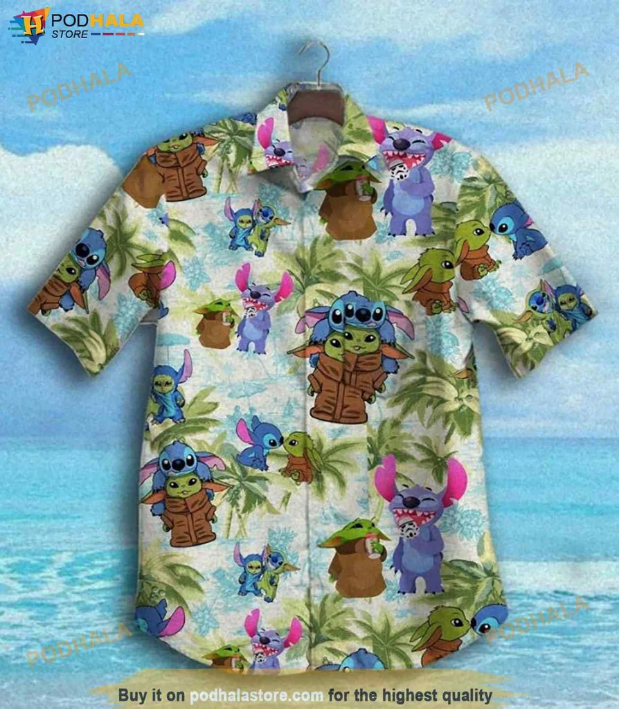 Cheerful Stitch Aloha Hawaiian Shirt Featuring Baby Yoda And Stitch In Tropical Design