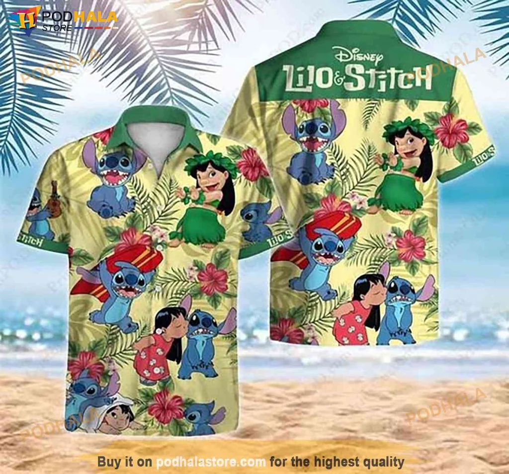 Cheerful Stitch Character Hawaiian Shirt, Lilo And Stitch Beach Button Down Design