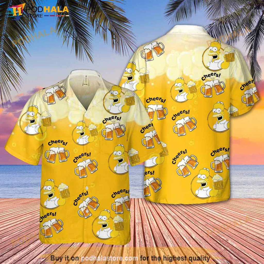 Cheers Beer Lovers Hawaiian Shirt With Cartoon Beer Mugs And Bottles