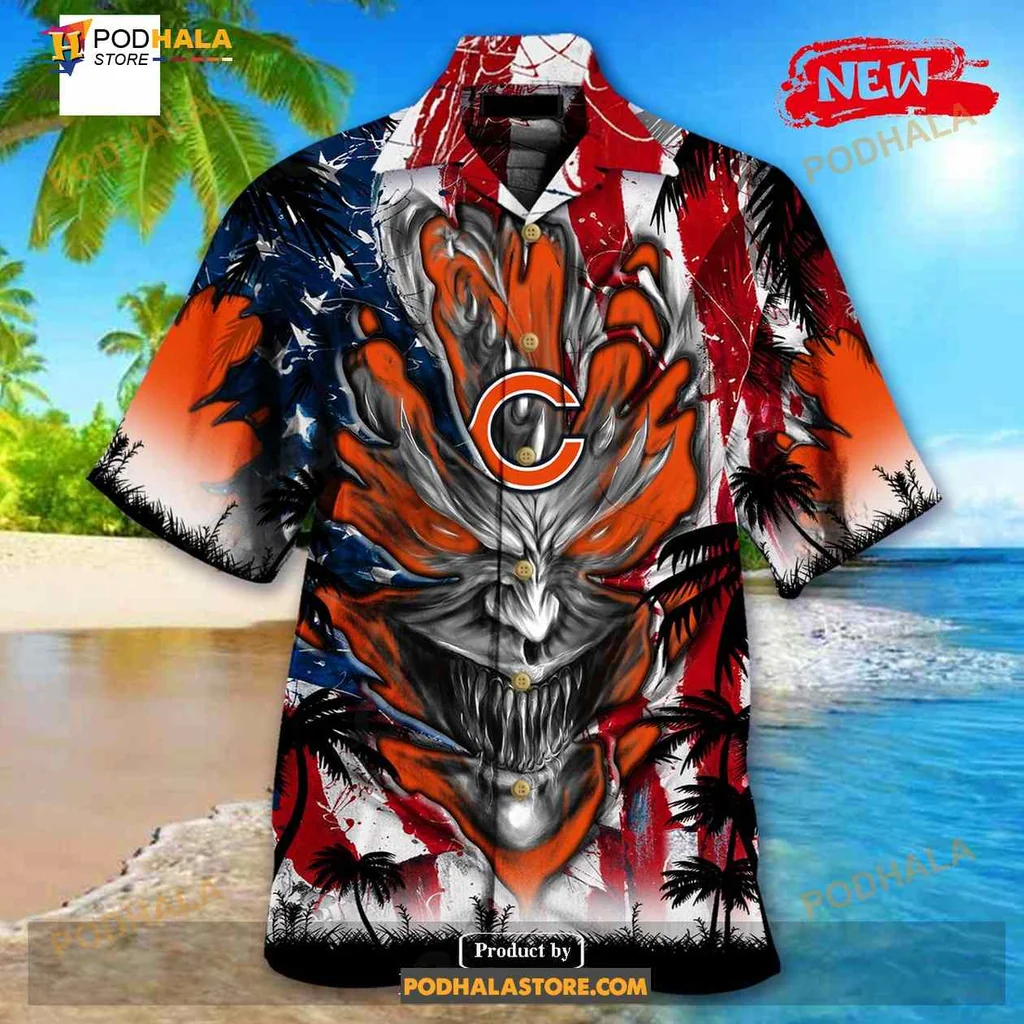 Chicago Bears Demon Face Hawaiian Shirt With Us Flag Design