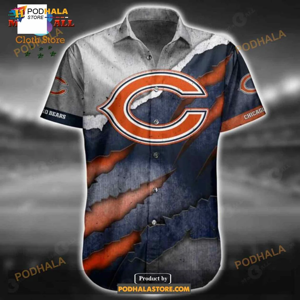Chicago Bears Fan Hawaiian Shirt With Distressed Logo And Claw Marks