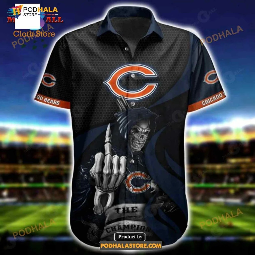 Chicago Bears Funny Aloha Shirt With Skeleton Holding Football Chicago Bears Funny Aloha Shirt With Skeleton Holding Football