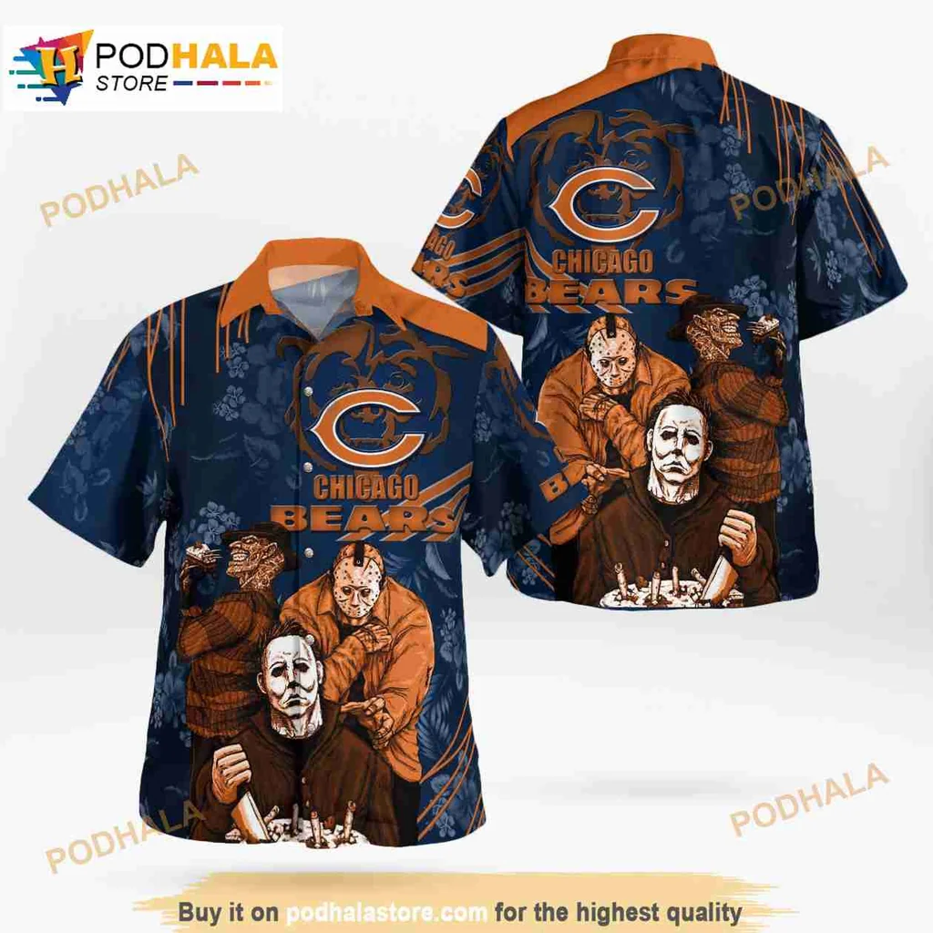 Chicago Bears Halloween Horror Hawaiian Shirt Featuring Spooky Characters