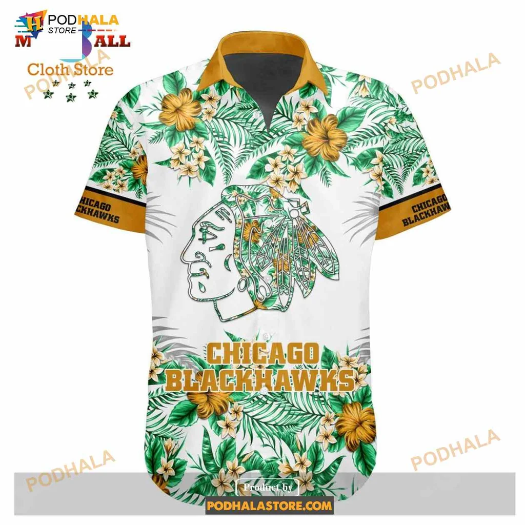 Chicago Blackhawks Floral Aloha Shirt With Native American Chief Design Chicago Blackhawks Floral Aloha Shirt With Native American Chief Design