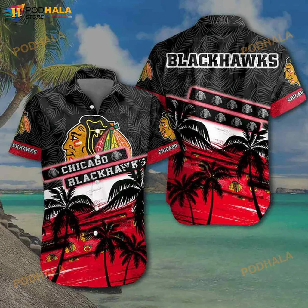 Chicago Blackhawks Hawaiian Shirt With Tropical Sunset And Logo