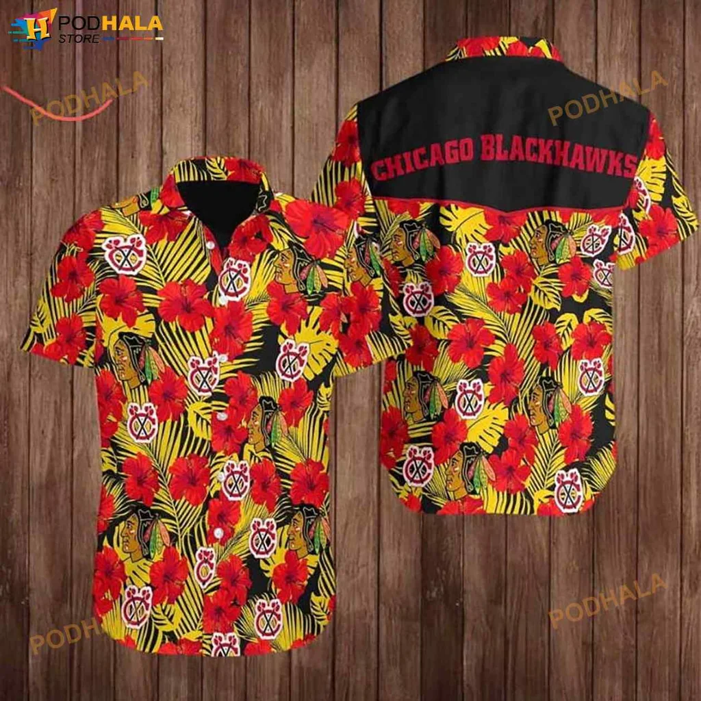 Chicago Blackhawks Hawaiian Shirt With Vibrant Hibiscus And Tropical Leaves