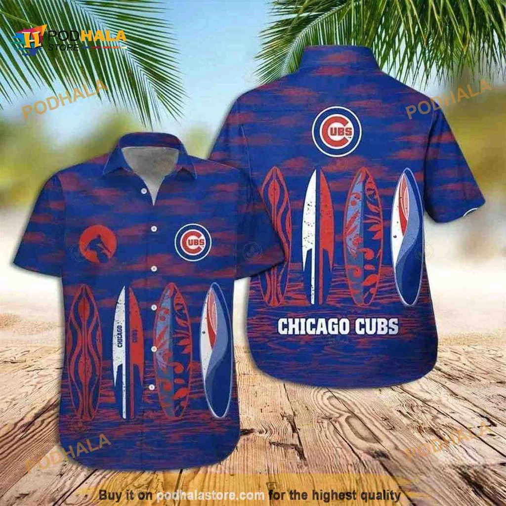 Chicago Cubs Aloha Shirt With Surfboards And Team Colors