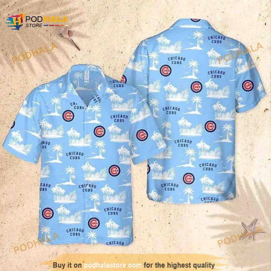 Chicago Cubs Tropical Aloha Shirt With Palm Trees And Team Emblem