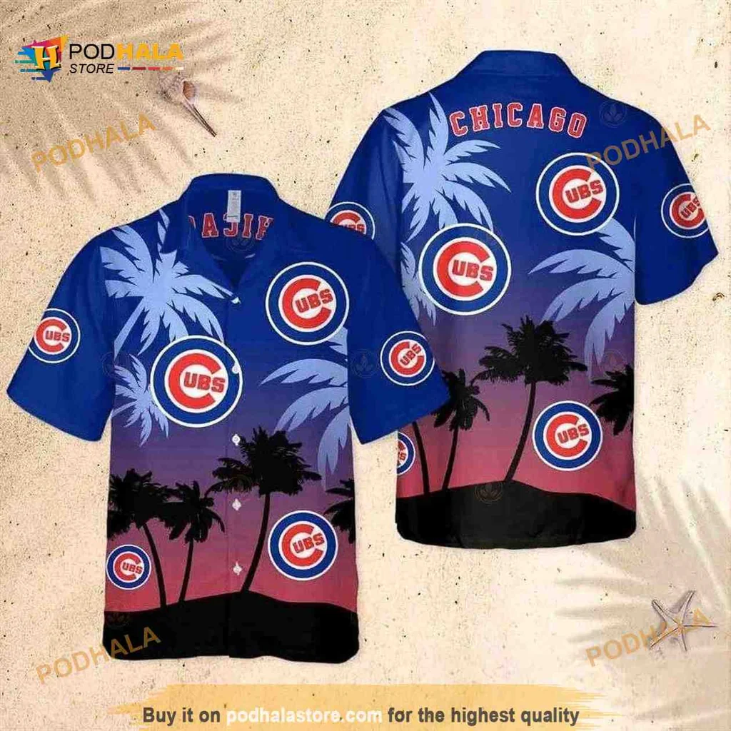 Chicago Cubs Tropical Aloha Shirt With Sunset And Palm Tree Design