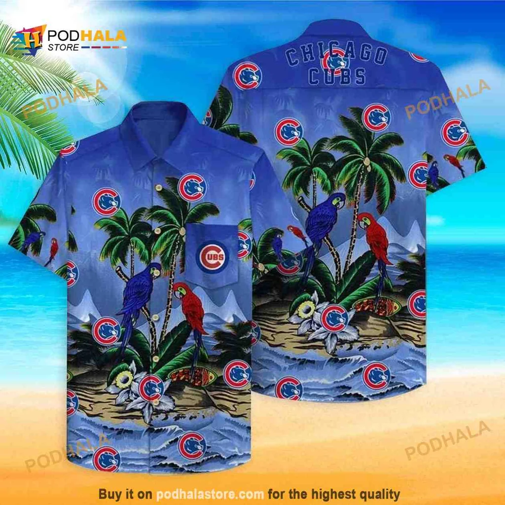 Chicago Cubs Tropical Parrots Shirt With Beach Scene And Palm Trees