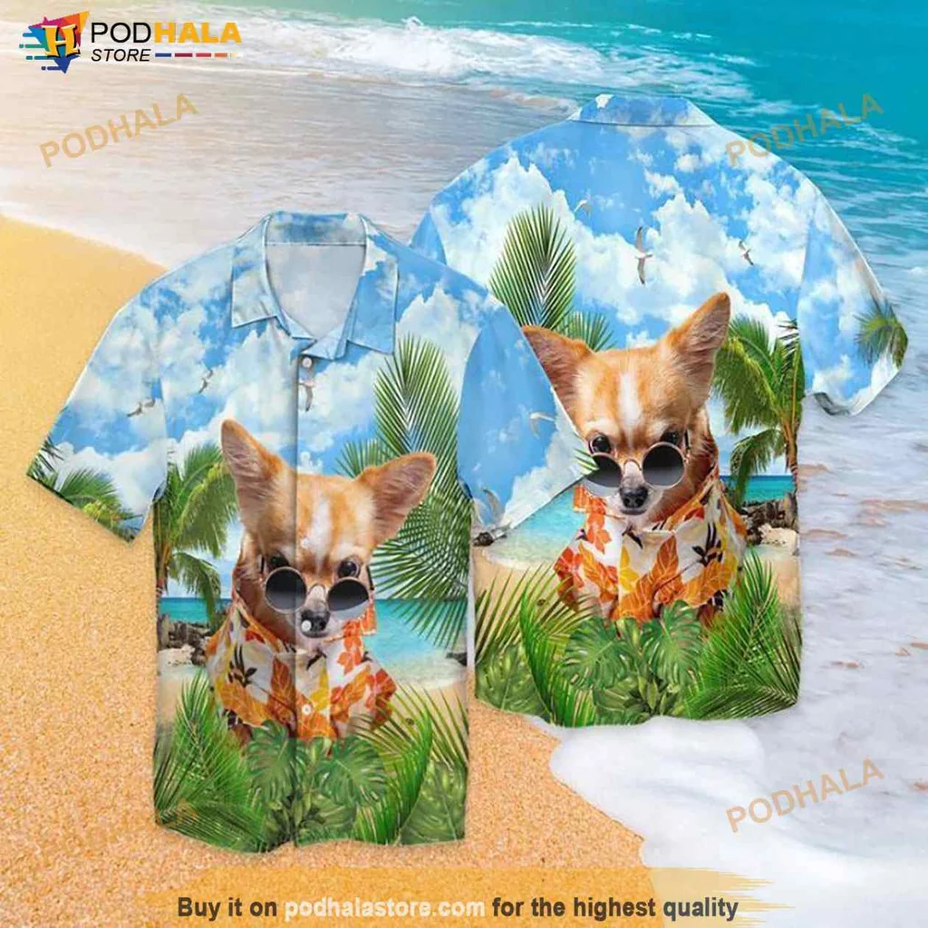 Chihuahua Beach Hawaiian Shirt With Sunglasses And Tropical Design
