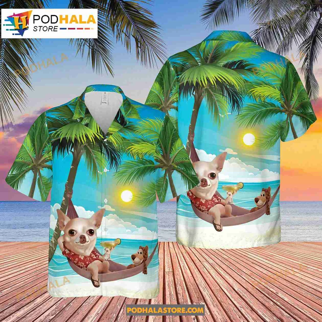 Chihuahua Beach Hawaiian Shirt With Tropical Hammock Design