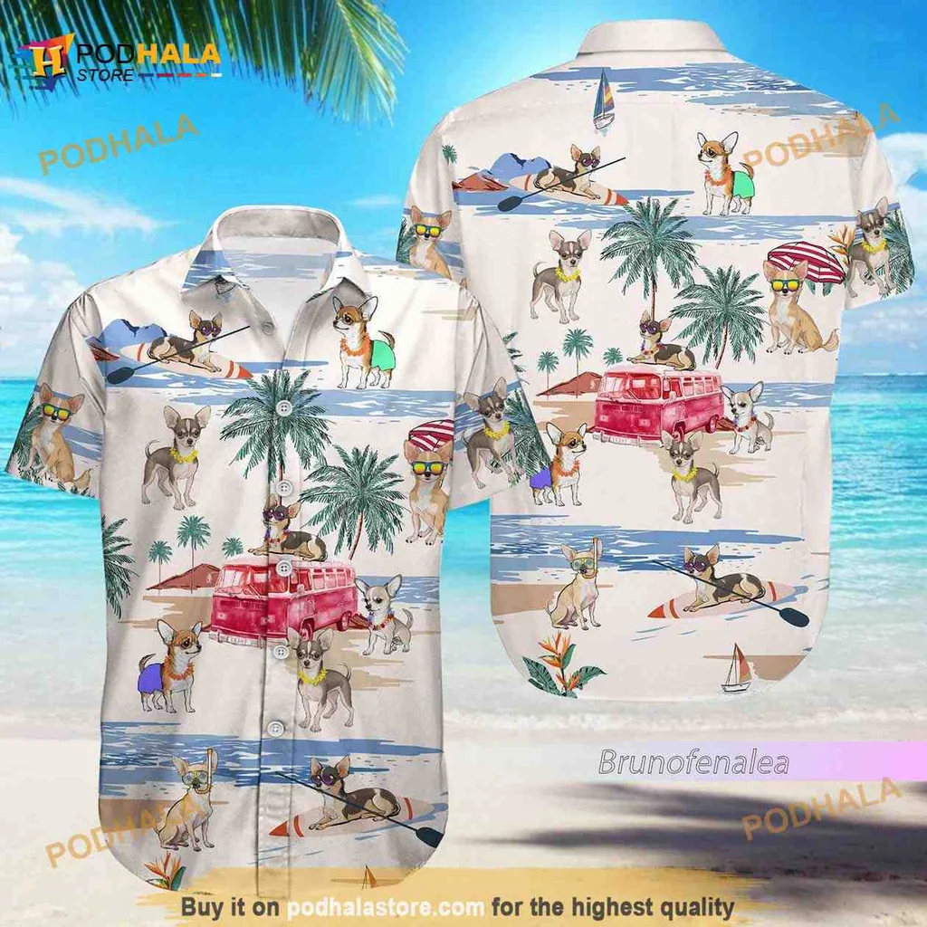 Chihuahua Beach Summer Hawaiian Shirt, Fun Beach Vibe With Sunglasses And Palm Trees