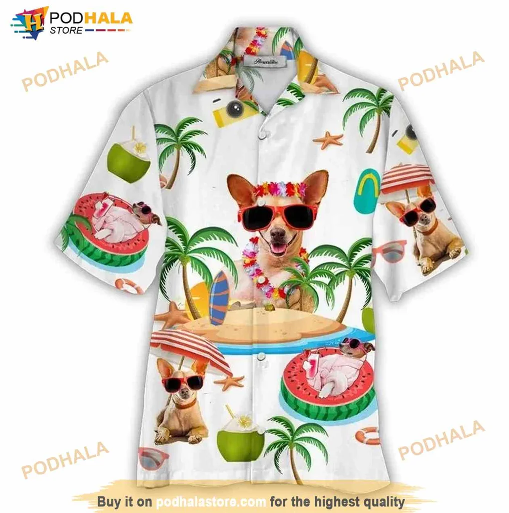 Chihuahua Lover Hawaiian Shirt With Tropical Beach And Sunglasses Design