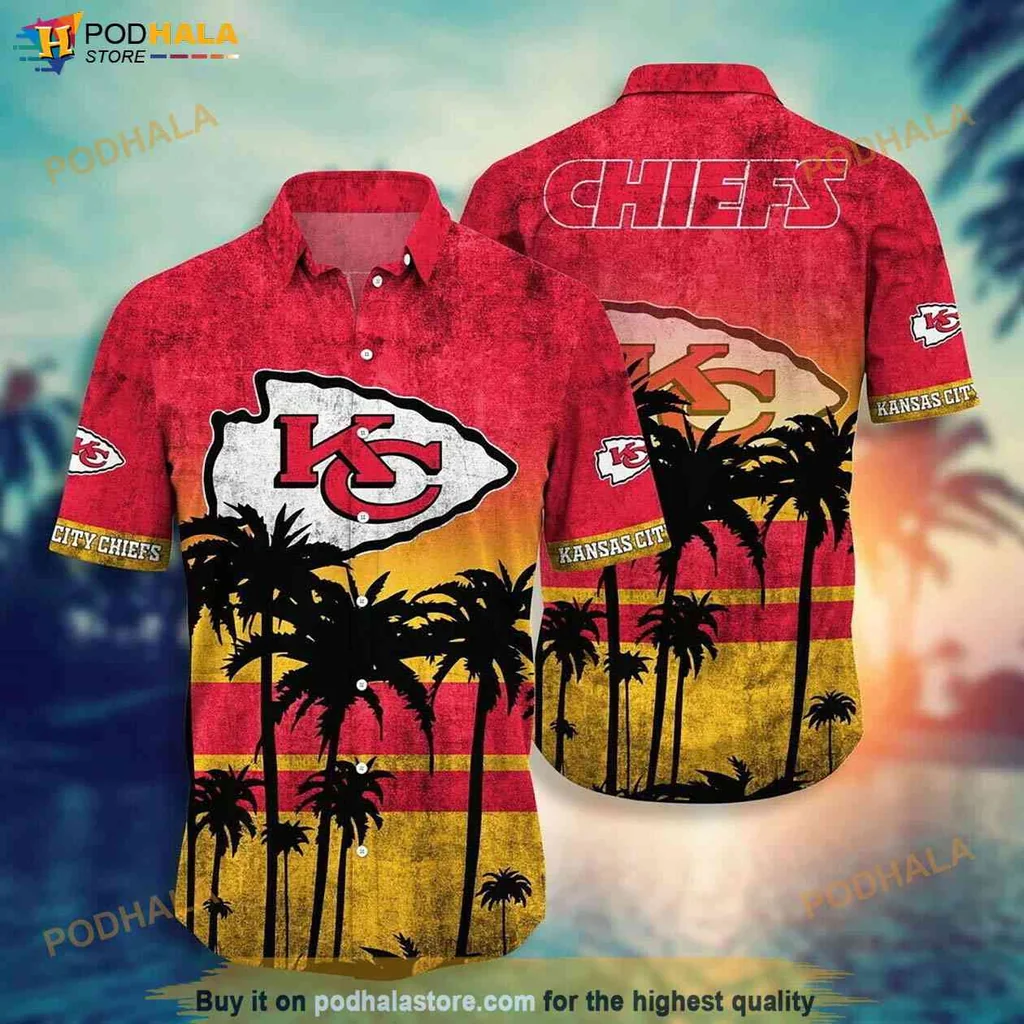 Chill Kansas City Chiefs Hawaiian Shirt With Tropical Sunset Design, Short Sleeve