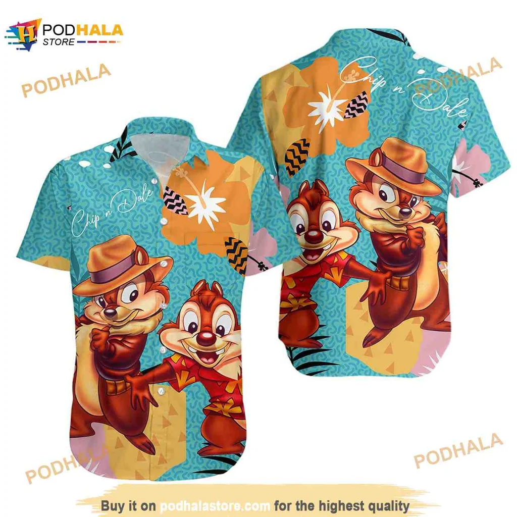 Chip And Dale Tropical Hawaiian Shirt With Green Orange Brown Patterns